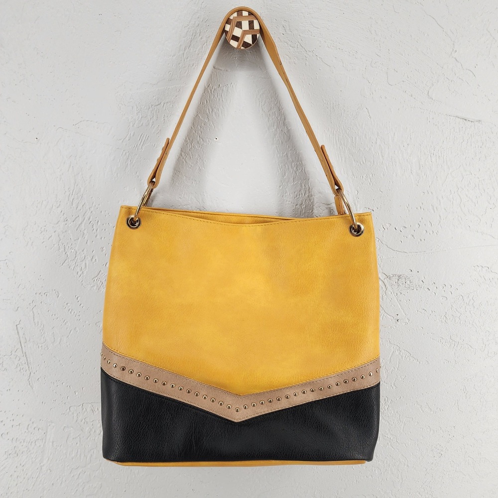 Montana West Yellow Faux Leather Studded Colorblock‎ Western Boho Hobo Bag Women